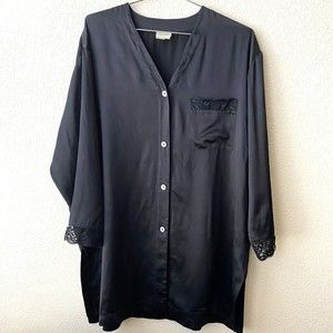 Neiman Marcus Womens Blouse Top Size M/L Lace Trim Sleeve 100% Silk Black